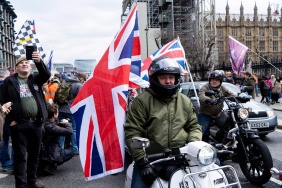 Motorcyclists ride through the streets of central London on April 12, 2019, during a protest against the Bloody Sunday prosecution of Soldier F and in support of all Veterans. - A former British soldier faces murder charges of two people after troops opened fire on civil rights demonstrators on Bloody Sunday in Londonderry in 1972. (Photo by Niklas HALLE'N / AFP)NIKLAS HALLE'N/AFP/Getty Images